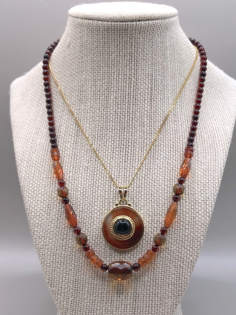 2 Gold & Amber Tones Pendant & Beaded Necklaces